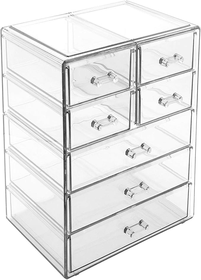 Sorbus Acrylic Makeup Organizer - Organization and Storage Case for Cosmetics Make Up & Jewelry - Big Clear Makeup Organizer for Vanity, Bathroom, College Dorm, Closet, Desk (3 Large, 4 Small Drawers)-Velvo Beauty
