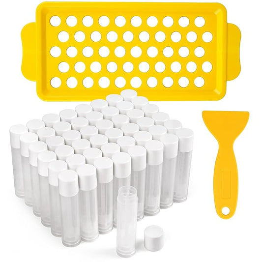 LotFancy Lip Balm Tubes with Filling Tray and Spatula, 50Pcs 5.5ml (3/16 Oz) Clear Lip Balm Containers with White Caps, BPA Free & Leak Free Lip Balm Making Kit-Velvo Beauty