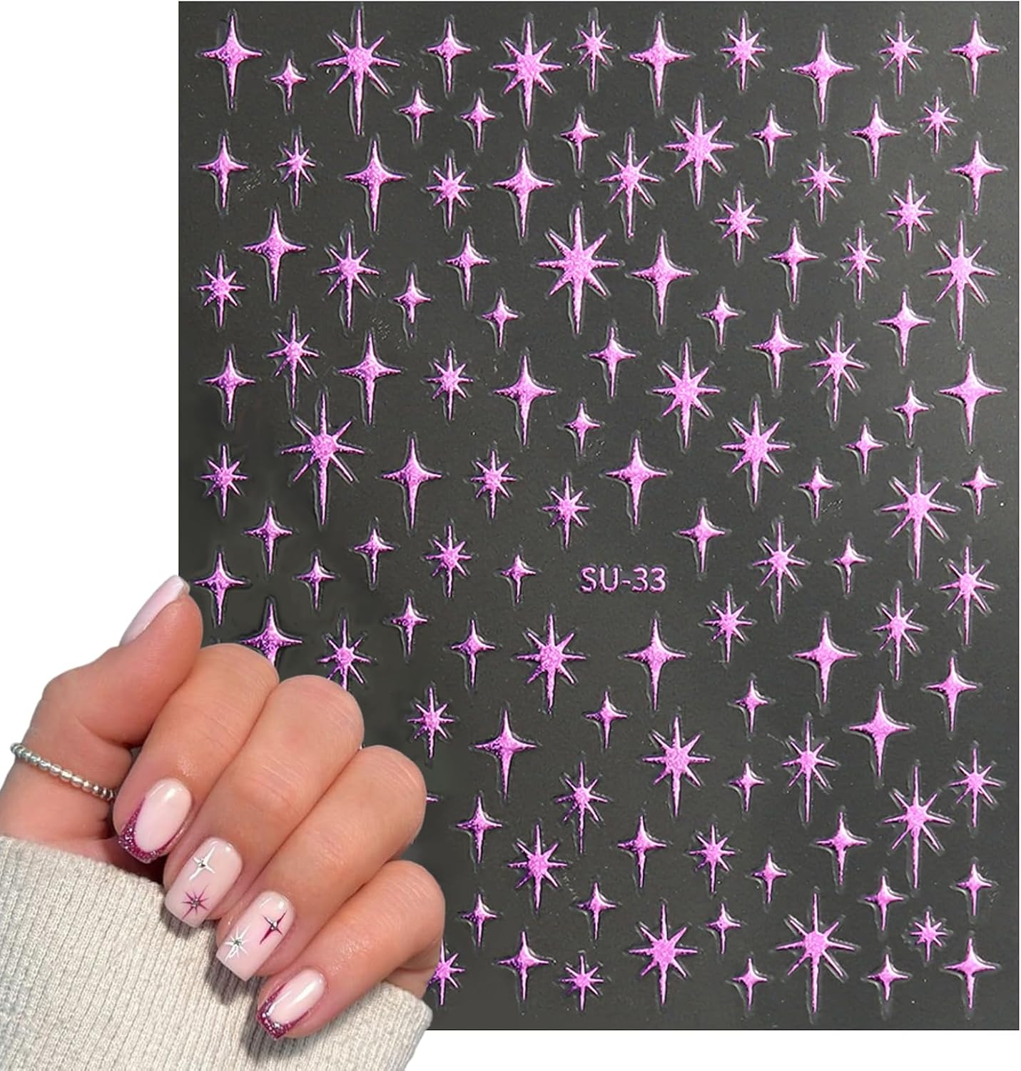 8 Sheet Bronzing Star Nail Stickers 3D Shiny Star Nail Decals Starlight Designs Sticker Nail Gold and Silver Purple Manicure Accessories for Women Nail Decorations-Velvo Beauty