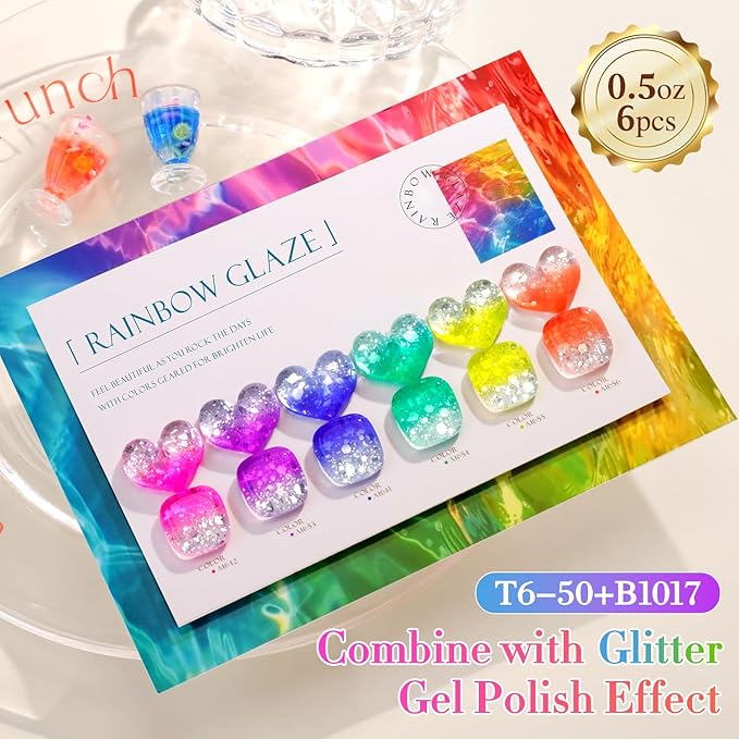Double Rhythm 6 Pcs 15 ML Gel Polish Set Same Color Same Bottle Soak Off Jelly Neon Gel Polish Kit Nail Art Manicure Salon DIY at Home (Pink Purple Blue Green Yellow Green-T6-50)-Velvo Beauty