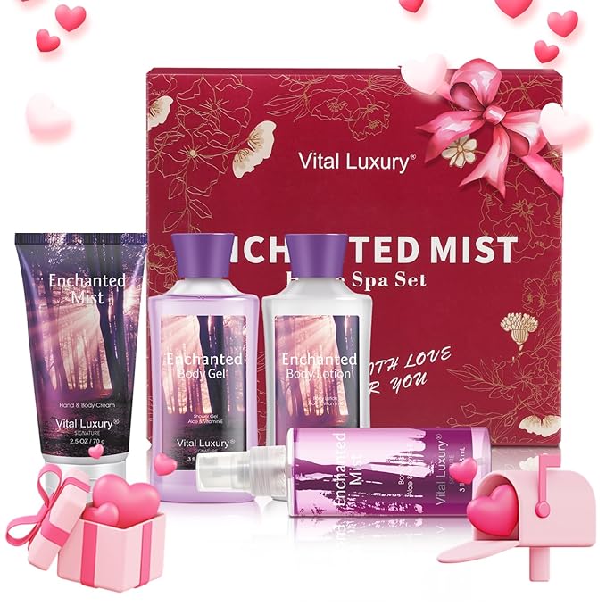 Bath & Body Kit, 3 Fl Oz, Ideal Skincare Gift Home Spa Set, Includes Body Lotion, Shower Gel, Body Cream, and Fragrance Mist,Birthday Mother's Valentine's Day Gifts(Enchanted Mist)-Velvo Beauty