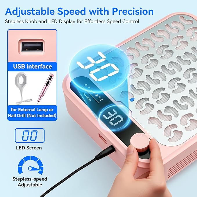 Makartt Nail Dust Collector - Professional Powerful Suction Larina Vacuum Fan Dust Cleaner with LED Display, Adjustable Speed, Reusable Filter for Acrylic Nails Polishing Manicure Salon Home Pink-Velvo Beauty