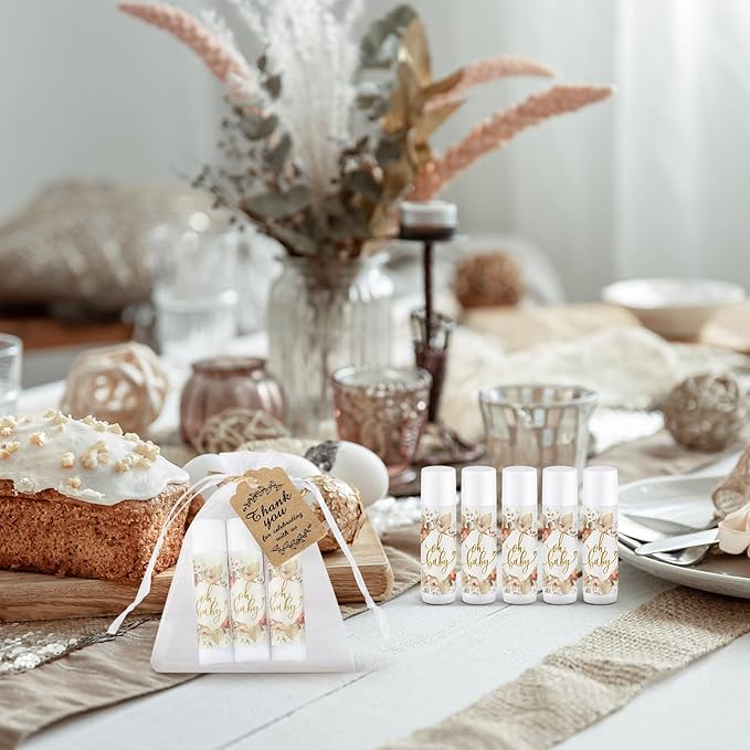 Demissle 50 Pcs Baby Shower Lip Balm Gift Set with 100 Pcs Organza Bags Baby Shower Party Favor for Guest Thank You Tag Rope Baby Shower Party Decoration Gender Reveal Souvenirs(Colorful Plants)-Velvo Beauty