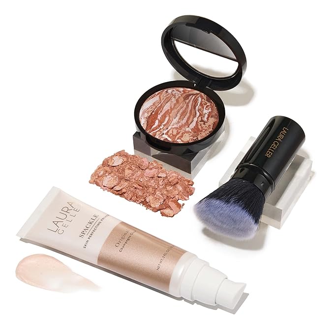 LAURA GELLER NEW YORK Ready-n-Radiant Kit (3 PC) - Baked Bronze-n-Brighten, Mediium + Spackle Super-Size Skin Perfecting Primer, Champagne Glow + Retractable Angled Kabuki Brush-Velvo Beauty