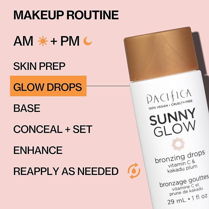 Pacifica Sunny Glow Liquid Face Bronzer Drops - Face Makeup Bronzing For Face & Cheeks for Instant Sun-Kissed Glow - Vitamin C & Glycolic Acid Infused Liquid Bronzer Illuminating Highlighting Clean-Velvo Beauty
