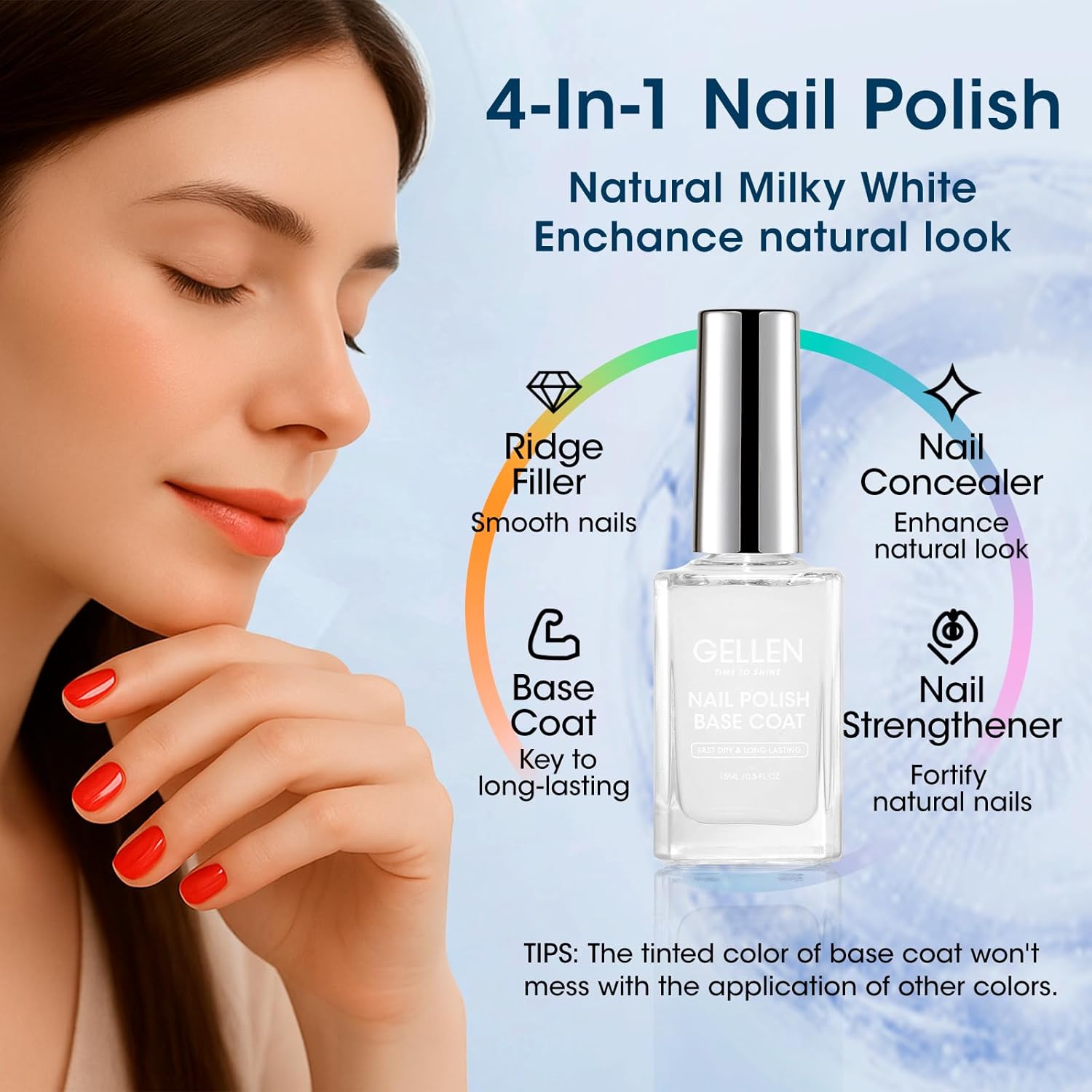 GELLEN Clear Nail Polish Base and Top Coat, Shine No Wipe Top Coat and Tinted Milky White Sheer Base Coat Strengthens Nails - Calcium, Quick Dry Regular Nail Polish, Not UV Gel, Hema Free, Non-toxic-Velvo Beauty