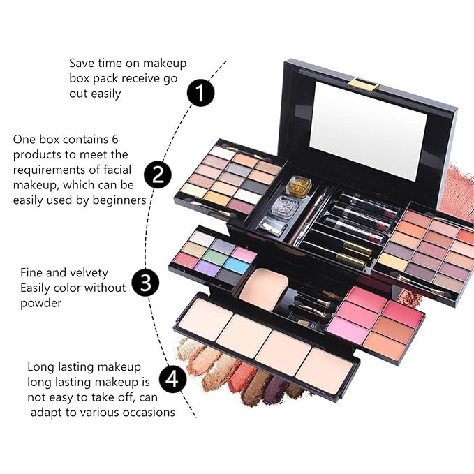 54 Colors All in one Makeup Gift Set Holiday Birthday Beauty Cosmetic Essential Starter Bundle Include 39 Eyeshadow Palette, 6 Blush, 6 Sponge Stick, 4 Compact Powder, 3 Lipstick, Eyeliner-Velvo Beauty