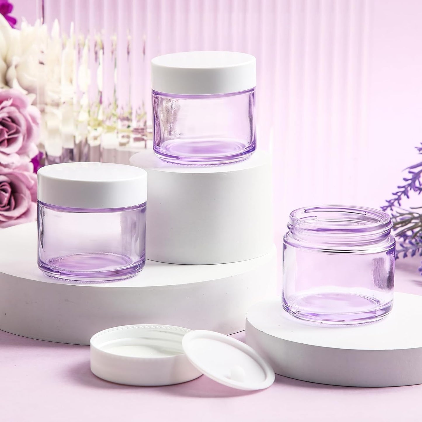Domensi 32 Pcs 2 oz Glass Jars with Lids Travel Size Round Leakproof Empty Cosmetic Jars with Inner Liners Lid for Storing Makeup Lotions Face Cream Ointments Candle DIY Making (Light Purple)-Velvo Beauty