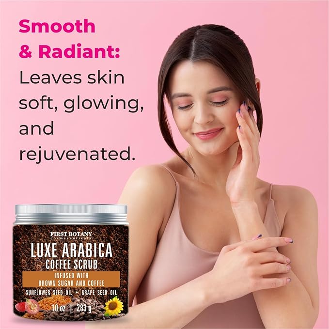First Botany Body Scrub - Natural Exfoliating Sugar Scrub & Body and Face Souffle helps with Moisturizing Skin, Acne, Cellulite, Dead Skin Scars, Wrinkles (10 fl oz, Brown Sugar + Coffee)-Velvo Beauty