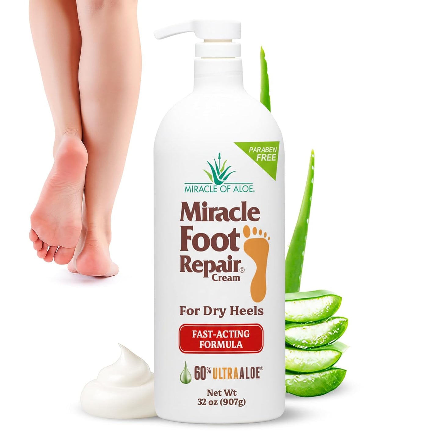 Miracle Foot Repair Cream (32 oz) Repairs Dry Cracked Heels and Feet, 60% Pure UltraAloe Moisturizes, Softens, and Repairs-Velvo Beauty