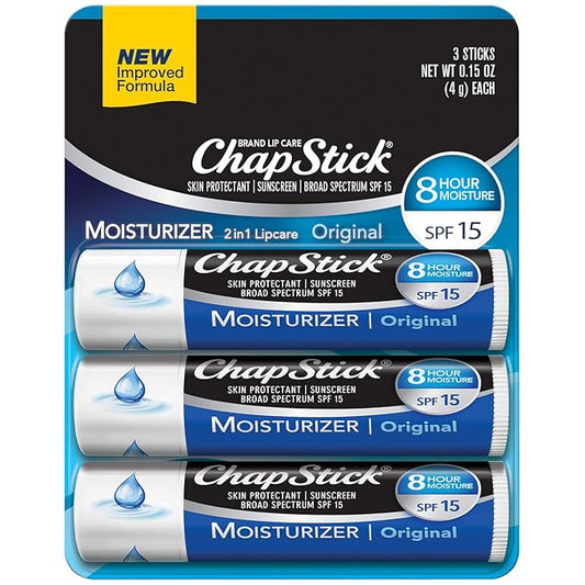 ChapStick Moisturizer Original Lip Balm Tubes, SPF 15 and Skin Protectant - 0.15 Oz (Pack of 3)-Velvo Beauty