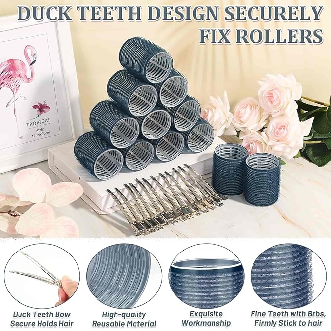 Acejoz Hair Rollers, 12Pcs Large Self Grip Hair Rollers with 12Pcs Stainless Steel Duckbill Clips, for Long Medium Thick Hair Volume (Navy Blue)-Velvo Beauty
