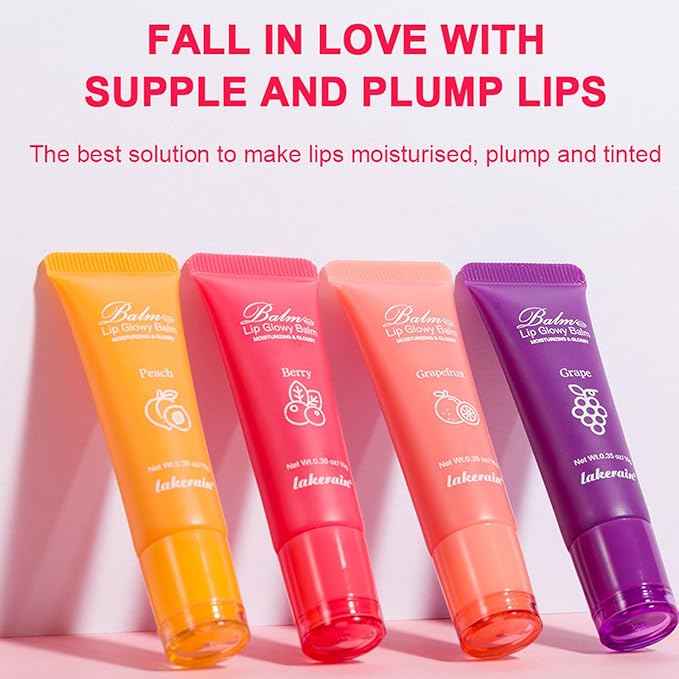Lip Glowy Balm,4 Pack Fruit Glowy Lip Balm,Vitamin E Lip Glowy Balm Set Reduce Lip Lines, Enhance Lip Color,Moisturizing & Plump Quickly Replenishing Moisture and Relieving Dry Lips-Velvo Beauty