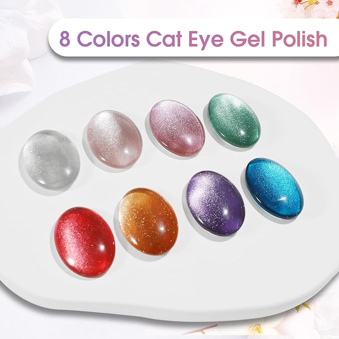 ROSALIND 8PCS Cat Eye Gel Polish with Magnet Stick - Magnetic Cat eye Gel Nail Polish Sparkle Diamond Effect Magic Magnetic Glitter Soak Off Led Nail Art DIY Salon Gifts For Women-Velvo Beauty