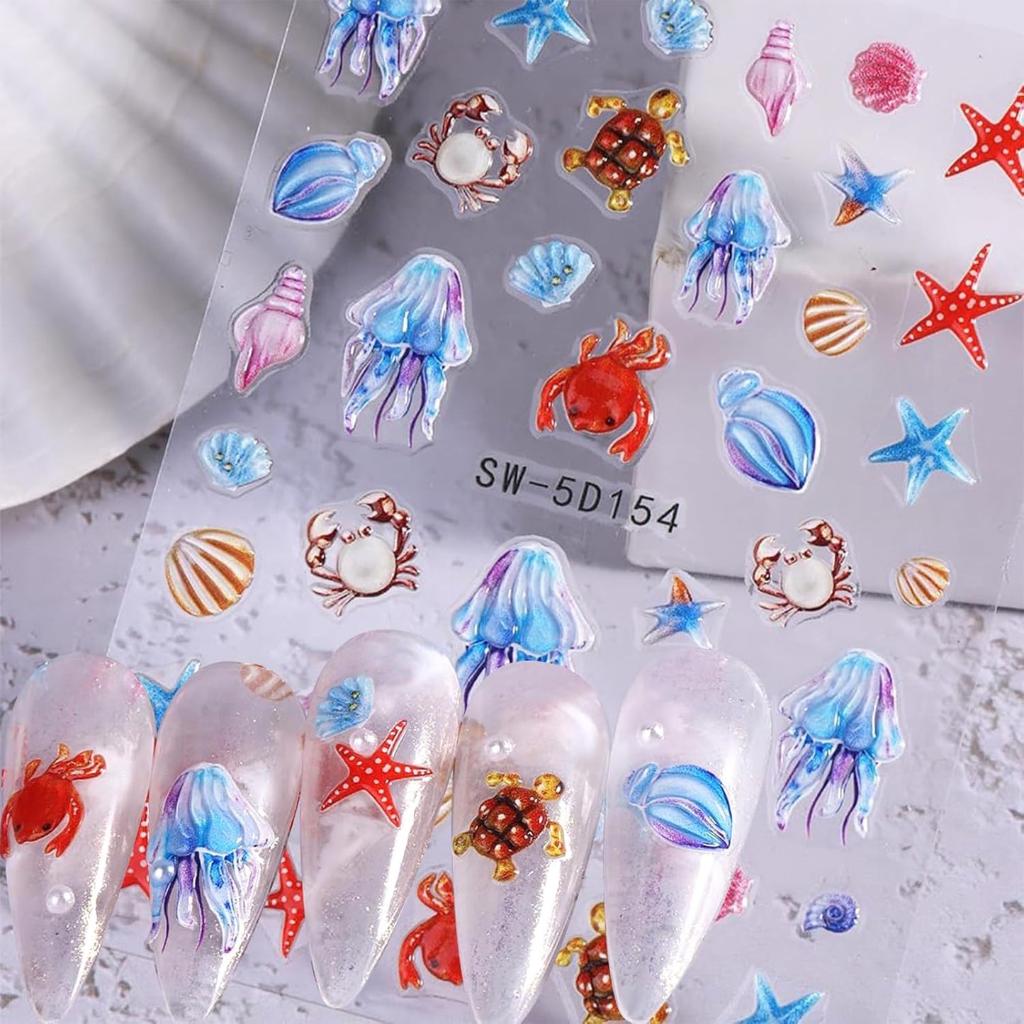 4 Sheets Summer Nail Stickers for Nail Art 5D Summer Nails Decals 3D Self-Adhesive Nails Supplies Accessories Shell Jellyfish Starfish Stickers for Women Nails Decoration-Velvo Beauty