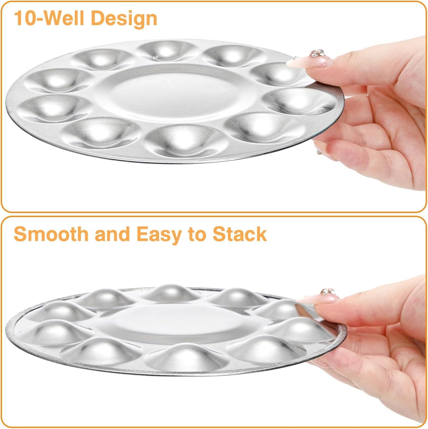 10 Pack Paint Tray Palettes, 6.7" Metal Paint Mixing Pallets, 10-Well Painting Palette, Washable Round Paint Holder Tray for DIY Craft Professional Watercolor Oil Art Painting Project, Silver-Velvo Beauty
