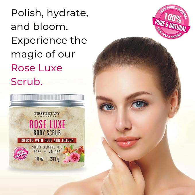 First Botany Body Scrub - Natural Exfoliating Salt Scrub & Body and Face Souffle helps with Moisturizing Skin, Acne, Cellulite, Dead Skin Scars, Wrinkles (10 fl oz, Rose)-Velvo Beauty