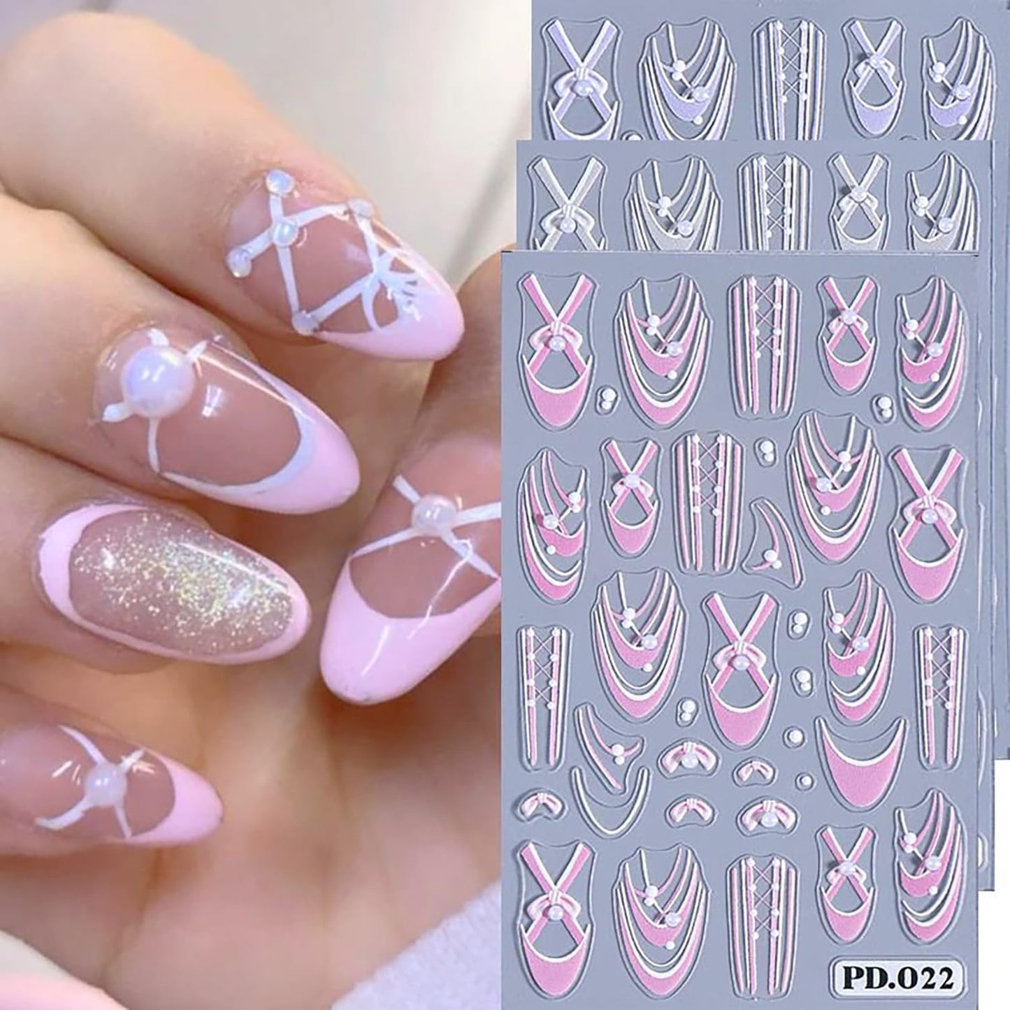 5 Sheets Ballet Bow Nail Art Stickers 5D Relief Self -Adhesive Pearl Bow Nail Decals Holographic Lace Bows Love Heart Nail Stickers French Nail Decoration for Women Manicure Supplies-Velvo Beauty