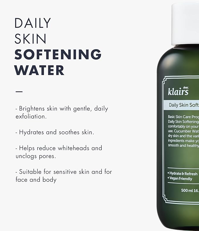 [DearKlairs] Daily Skin Softening Water, Toner, Jumbo 16.90 Fl Oz, Skin Refining Cucumber Essence, Daily mild exfoliator-Velvo Beauty