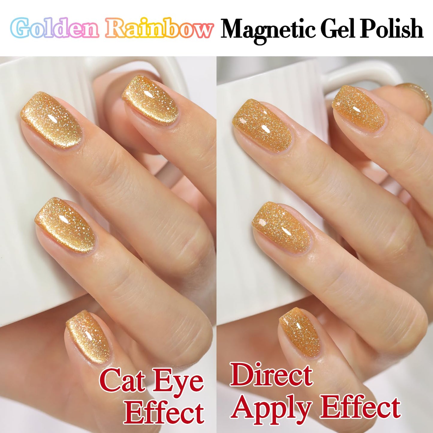 Double Rhythm Cat Eye Gel Polish with Magnet 15ML Holographic Glitter Shimmer Translucent Sheer Color Glass Magnetic Gel Polish Salon DIY at Home (Light Gold-MC1064)-Velvo Beauty