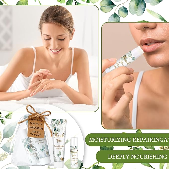 200 Pcs Baby Shower Wedding Party Favors Gift Set, 50 Pcs Baby Shower Hand Cream and 50 Lip Balm for Wedding Bridesmaid Guests Gift Supplies with 50 Organza Bag 50 Thank You Tag(Eucalyptus)-Velvo Beauty