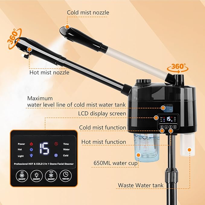 Professional Facial Steamer with Ozone and Hot & Cold Mist, Esthetician Steamer on Wheels, Face Humidifier for Facial Deep Cleaning, Digital Facial Steamer for Home and Salon, Black-Velvo Beauty