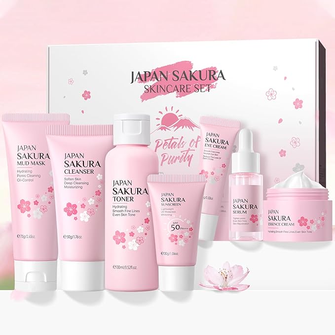 Skin Care Set JAPAN-SAKURA Women Beauty Gift Sets Skin Care Kit, Self-Care Skincare Set: Cleanser,Toner,Serum,Cream,Mud Mask,Eye Cream,Sunscreen, Facial Kit for Women Teen Girls Mom Daughter 7pcs-Velvo Beauty