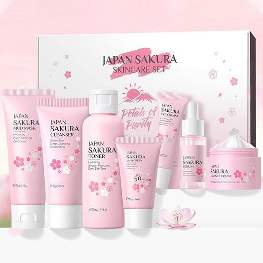 Skin Care Set JAPAN-SAKURA Women Beauty Gift Sets Skin Care Kit, Self-Care Skincare Set: Cleanser,Toner,Serum,Cream,Mud Mask,Eye Cream,Sunscreen, Facial Kit for Women Teen Girls Mom Daughter 7pcs-Velvo Beauty