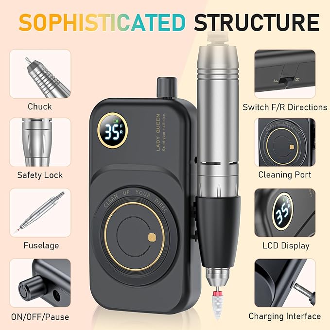 Portable Nail Drill Electric File: 35000RPM Professional Rechargeable Nail E File Machine,for Acrylic Nails Gel Polishing Removing, Cordless Efile with Bits Kit for Manicure Salon Home (Black)-Velvo Beauty