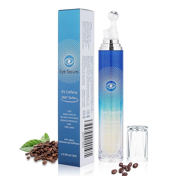 5% Caffeine Eye Serum with 360° Massage Rollerball Topper,Caffeine Eye Cream for Dark Circles,Wrinkles,Puffiness and Fine Lines,Under Eye Roller Cream Eye Bags Treatment for Women and Men-Velvo Beauty