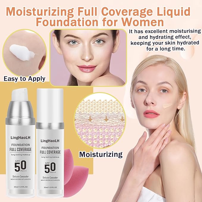 2PCS Color Changing Foundation Makeup Set with 2 Makeup Sponges,Moisturizing Full Coverage Liquid Foundation for Women,Non-greasy Long Lasting Flawless Concealer Cream Makeup Foundation Set-Velvo Beauty