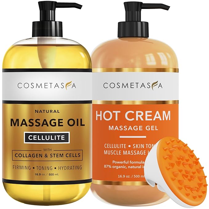 Cellulite Massage Oil, Gel & Mitt - Natural Hot Cream Massage Gel, Oil & Massager - Firm, Tone, Tighten & Moisturize Skin. Soothes Muscles (16.9 oz)-Velvo Beauty