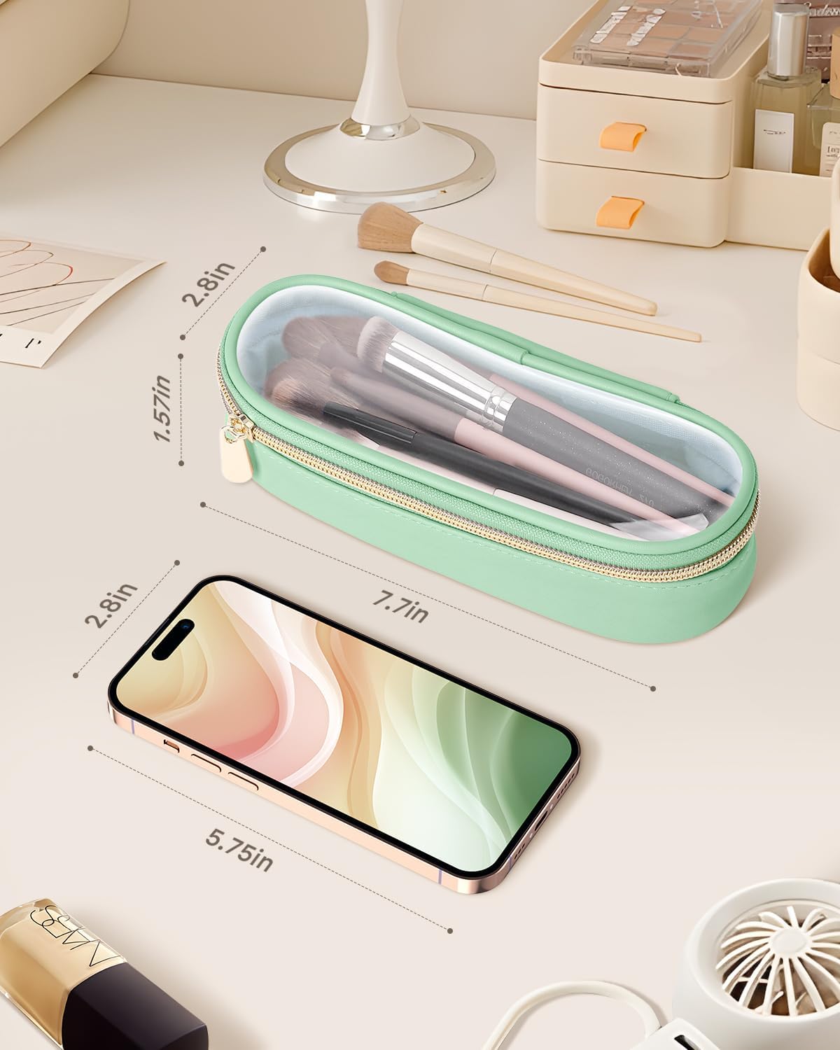 Clear Travel Makeup Brush Holder, Leather Makeup Brush Toiletry Bag, Portable Cosmetic Brush Case, Transparent Waterproof Makeup Brush Storage Bag, Mint Green-Velvo Beauty