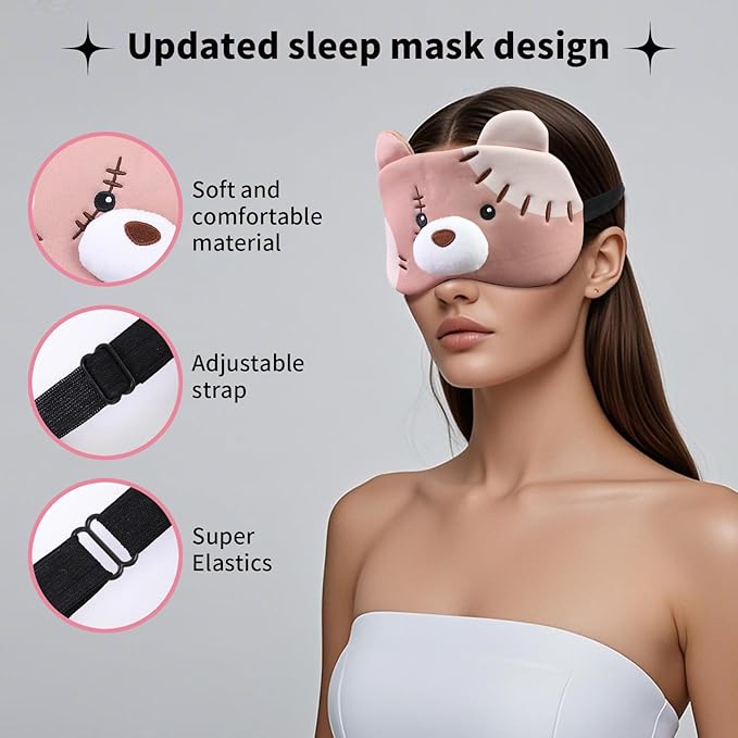 PERFECTSIGHT Sleep Eye Masks, Cute Plush Sleep Eye Cover Lightweight Adjustable Eyeshade Faux Fur Mask Cover for Women Men Kids Sleep Travel Nap, Big Eye Girl, Purple Nose, Brown Pudding Bear-Velvo Beauty