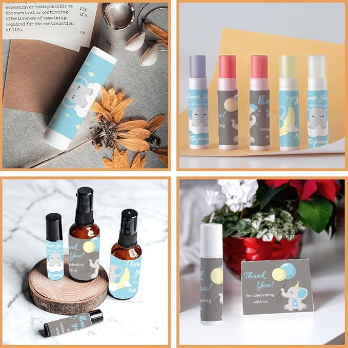 OLYCRAFT 100Pcs 4 Styles Elephant Lip Balm Labels Stickers 2.1x1.7 inch Self-Adhesive Favor Lip Balms Elephant Stickers with Thank You Words for Lipstick Wrapping Decorations Birthday Party Supplies-Velvo Beauty