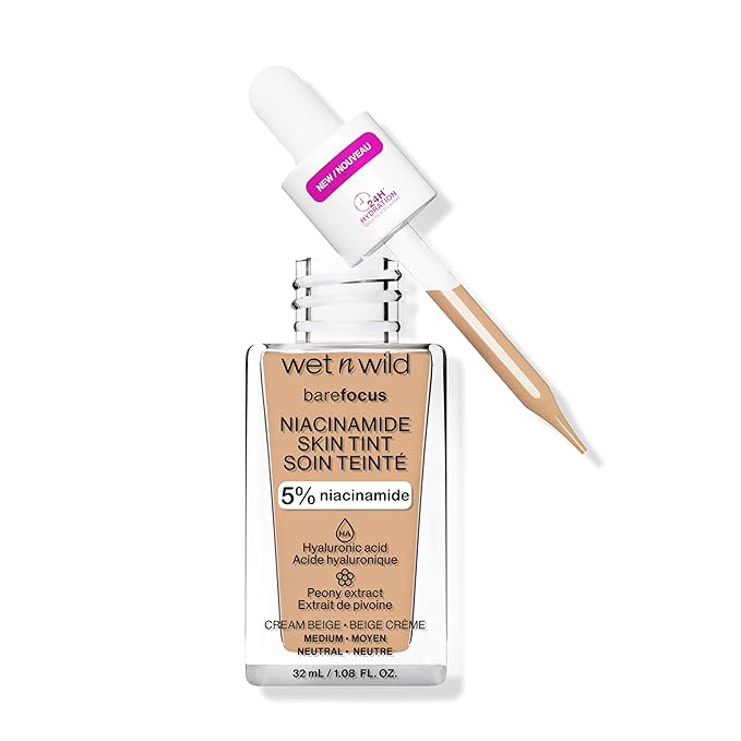 wet n wild Bare Focus Skin Tint, 5% Niacinamide Enriched, Buildable Sheer Lightweight Coverage, Natural Radiant Finish, Hyaluronic & Vitamin Hydration Boost, Cruelty-Free & Vegan - Cream Beige-Velvo Beauty