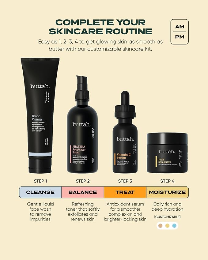 Buttah Skin Supreme Kit for Melanin Rich Skin | Facial Shea Butter 2 oz | Vitamin C Serum 1 oz | Cleanser 3.4 oz | Rosewater Toner 3.4 oz | Black Owned Skincare-Velvo Beauty
