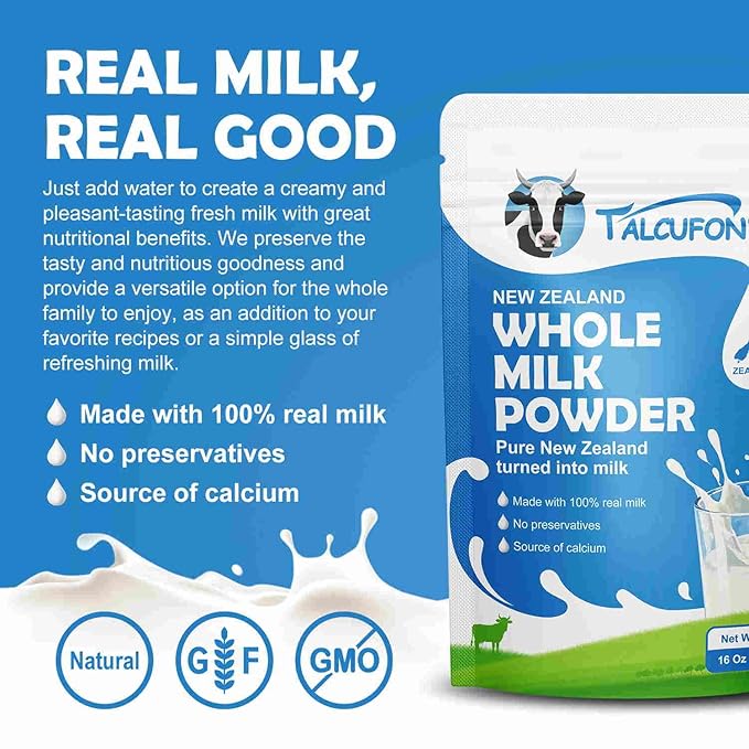 TALCUFON New Zealand Milk Powder Full Cream Instant Milk Powder Gluten Free, Non-GMO Shelf-Stable & Easy to Use 16 Oz-Velvo Beauty