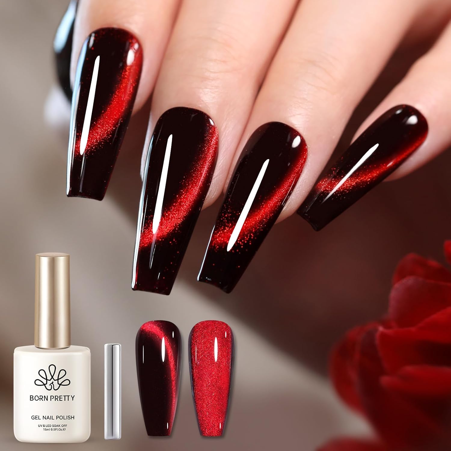 Born Pretty Cat Magnetic Eye Gel Nail Polish, Red Holographic Glitter Shiny Sparkle Crystal Gel Nail Polish Magnetic Nail Polish Salon DIY at Home 15mL-Velvo Beauty