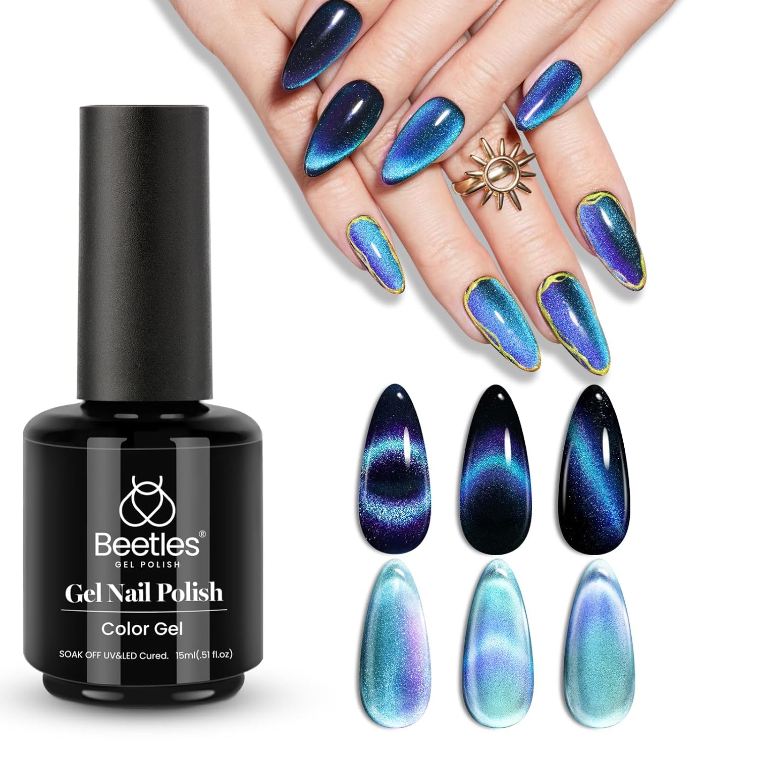 Beetles Blue Cat Eye Gel Nail Polish - 15ML Glitter Blue Chameleon Sparkle Holographic Nail Polish with Magnet Translucent Mystical Aura Gel Soak Off UV LED Nail Lamp Nail Art Manicure Salon DIY Home-Velvo Beauty
