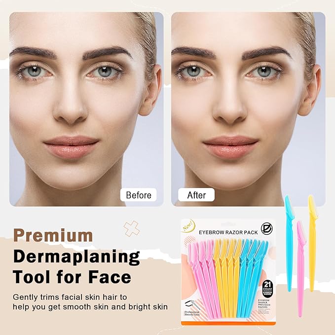 D 21 PCS Eyebrow Razor,Dermaplane Razor,Face Razors for Women and Men,Dermaplaning Tool for Face,3 Colors Facial Hair Shavers with Precision Cover,Facial Hair Remover for Women,Eyebrow Hair Trimmers-Velvo Beauty