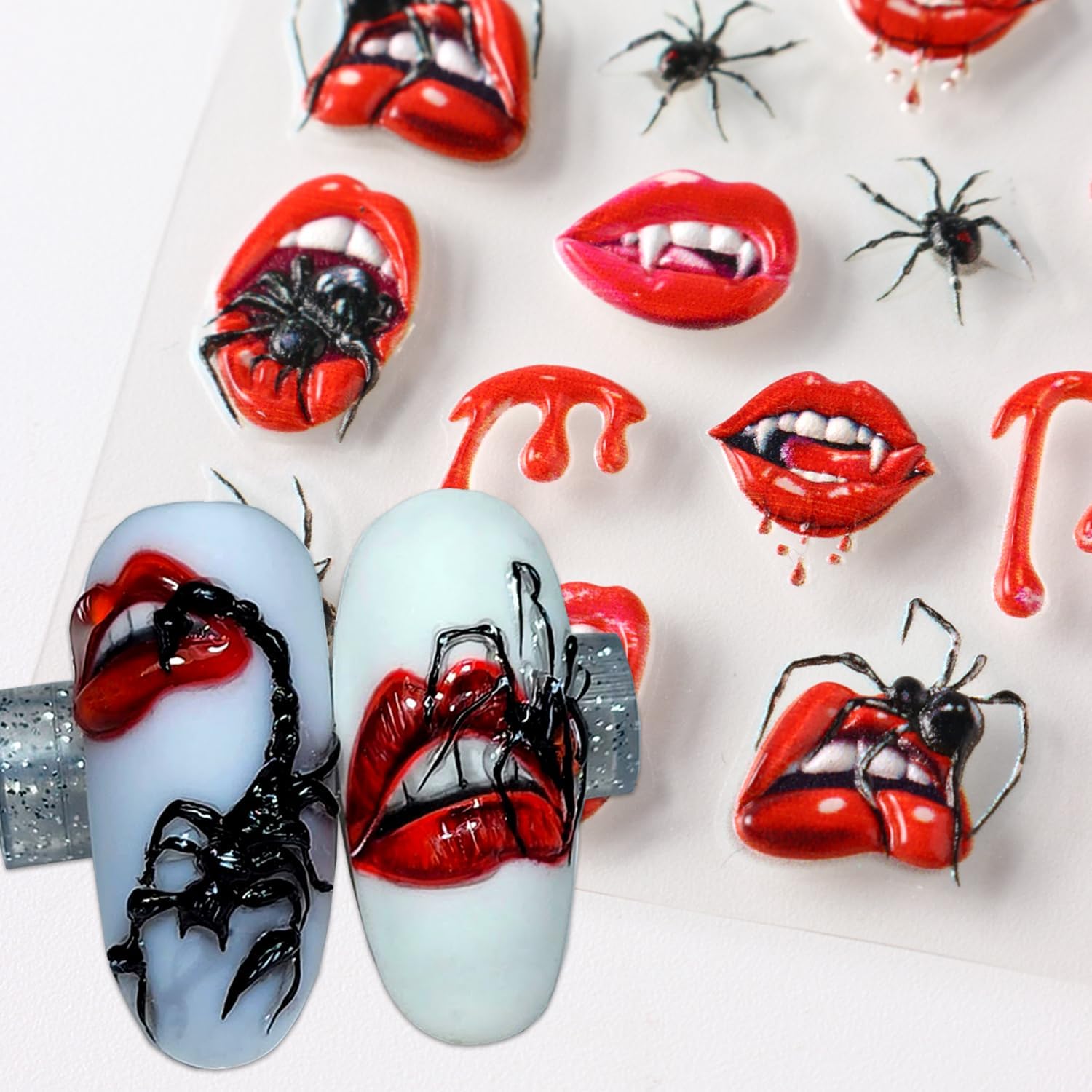 2 Sheets Halloween Nail Art Stickers 5D Embossed Horror Ghost Nail Stickers Big Red Lips Pumpkin Devil's Flame Eye Bat Design Terror Spider Mummy Nail Decals for Women Acrylic DIY Nail Decorations-Velvo Beauty
