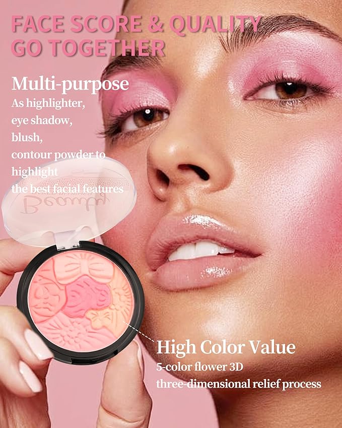 Flower Blush for Cheeks, Matte Shimmer Face Blush Powder, Eyeshadow Contour Multiuse Facial Make up Palette,Long Lasting Waterproof Embossed Blusher,Mother's Day Makeup Gift for Women-03#Rose Red-Velvo Beauty