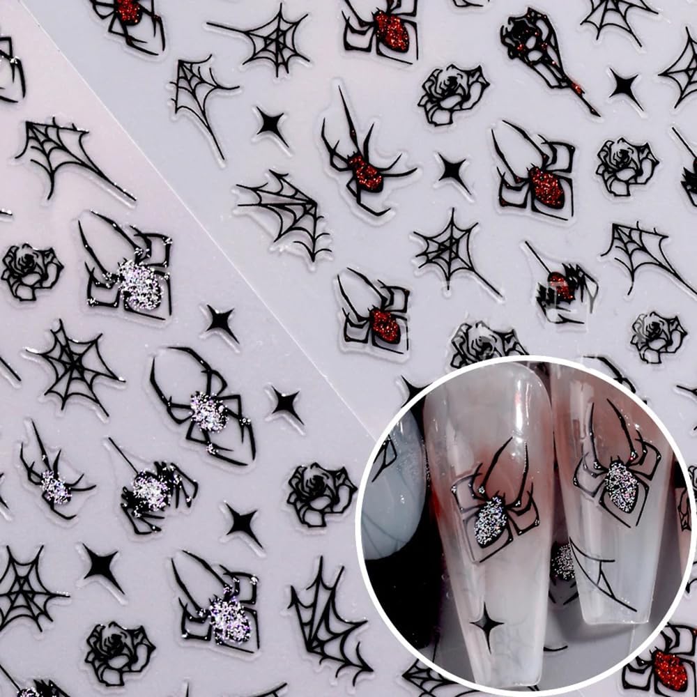 6Sheets Halloween Nail Art Stickers Decals, 3D Spider Nail Sticker Halloween Nail Decoration Self-Adhesive Black Red Silver Glitter Star Spider Web for Nails Stickers DIY Manicure Art Decoration-Velvo Beauty