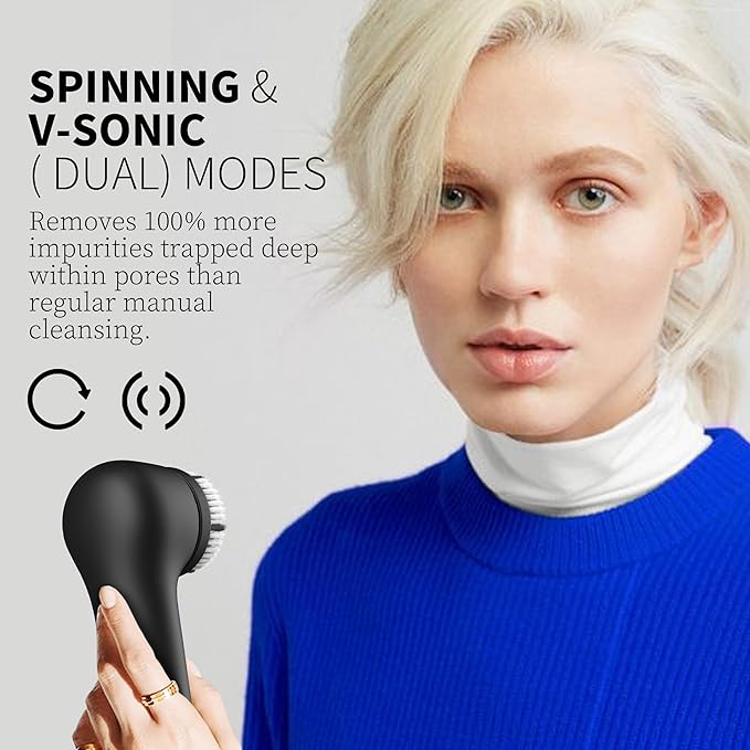 Premium Face Scrubber, Deep Pore Cleansing Brush, Waterproof & Rechargeable Face Scrub Brush for Men& Women, Electric Facial Exfoliator with 3 brushes, 3 Intensities, 2 Modes with Eye Rollor- Charcoal-Velvo Beauty