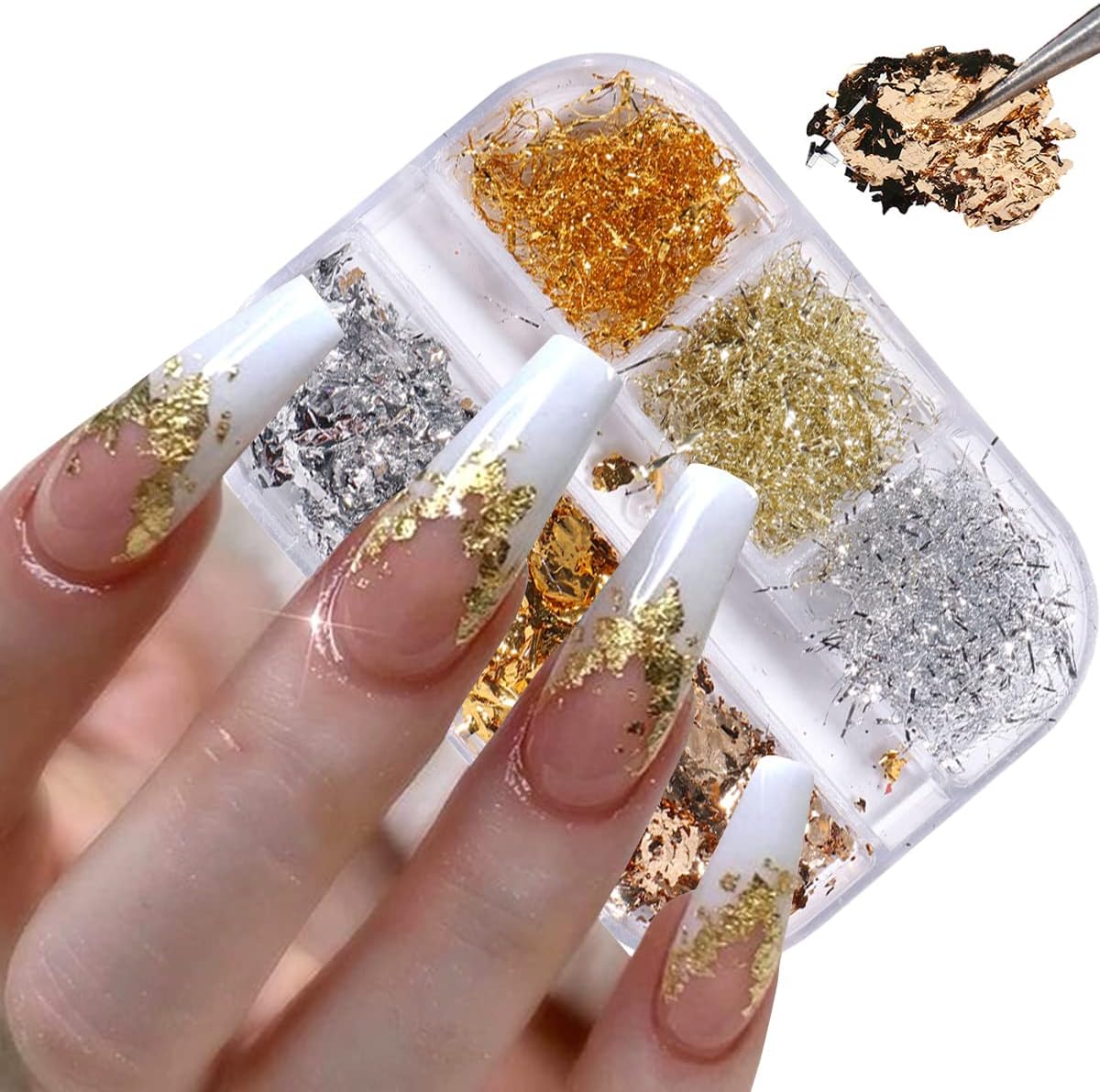 Holographic Nail Foil Flakes 3D Sparkly Aluminum Foil Glitter Sequins Nail Art Supplies Gold Silver Nail Art Foil Glitter Paillettes Line Strip Nail Glitter Flakes for Acrylic Nails Design (6 Grids)-Velvo Beauty