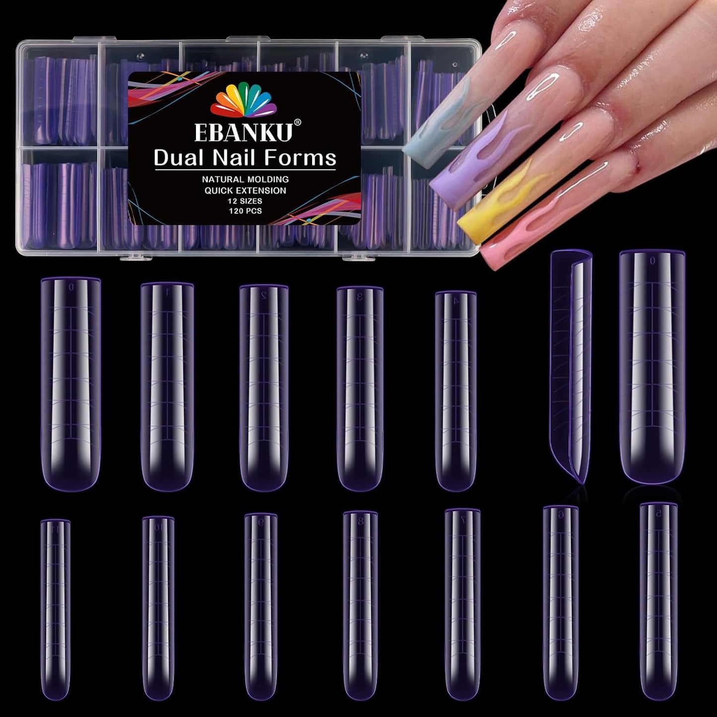 EBANKU Dual Nail Forms for Poly Extension Gel, 120 PCS Purple Square Nail Molds Reusable 12 Sizes Nail Extension Forms for Builder Gel Manicure Design Salon DIY-Velvo Beauty