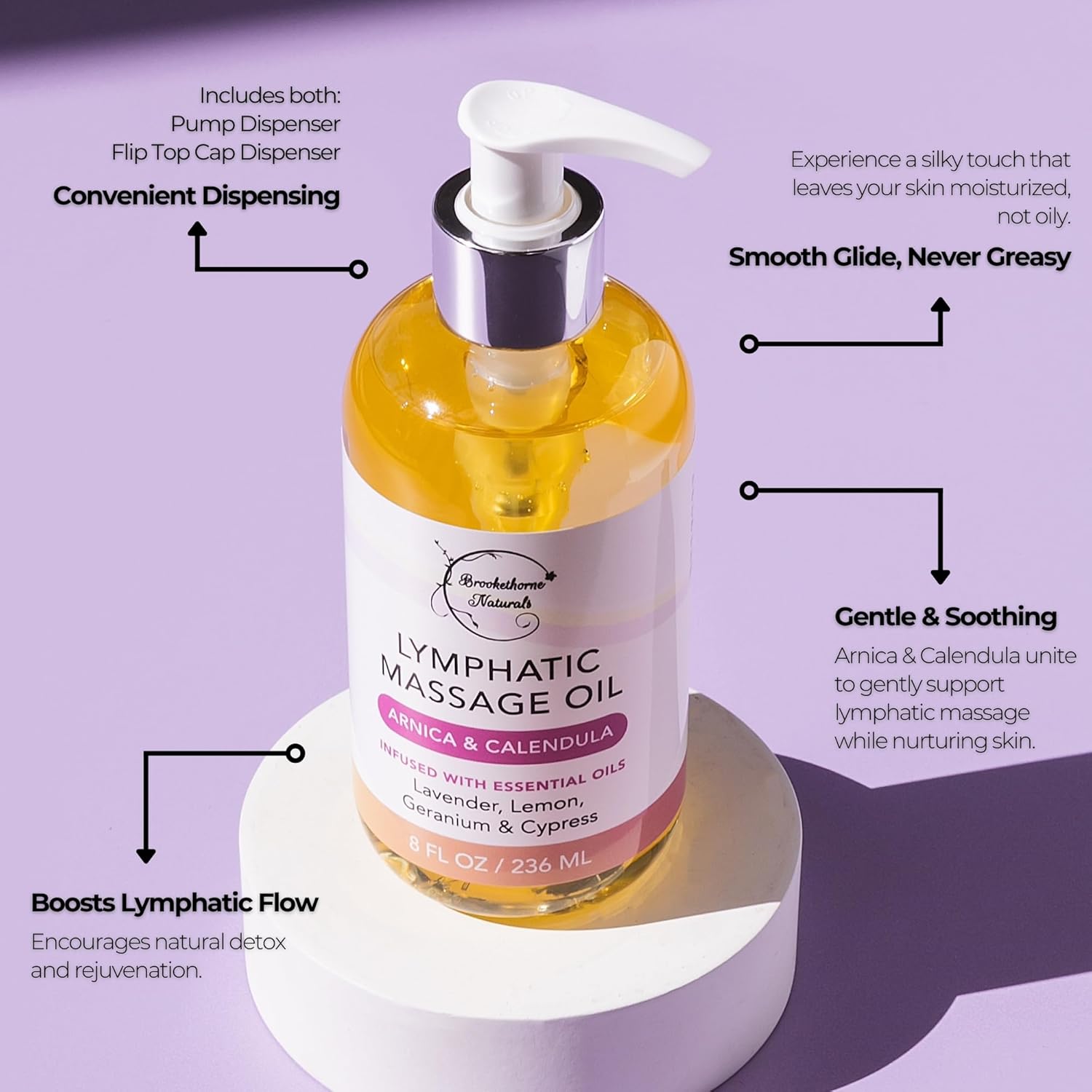 Lymphatic Massage Oil for Massage Therapy & Natural Lymphatic Drainage | Premium Quality with Arnica & Lavender Oil | for Post Surgery Recovery & Detox | 8oz by Brookethorne Naturals-Velvo Beauty