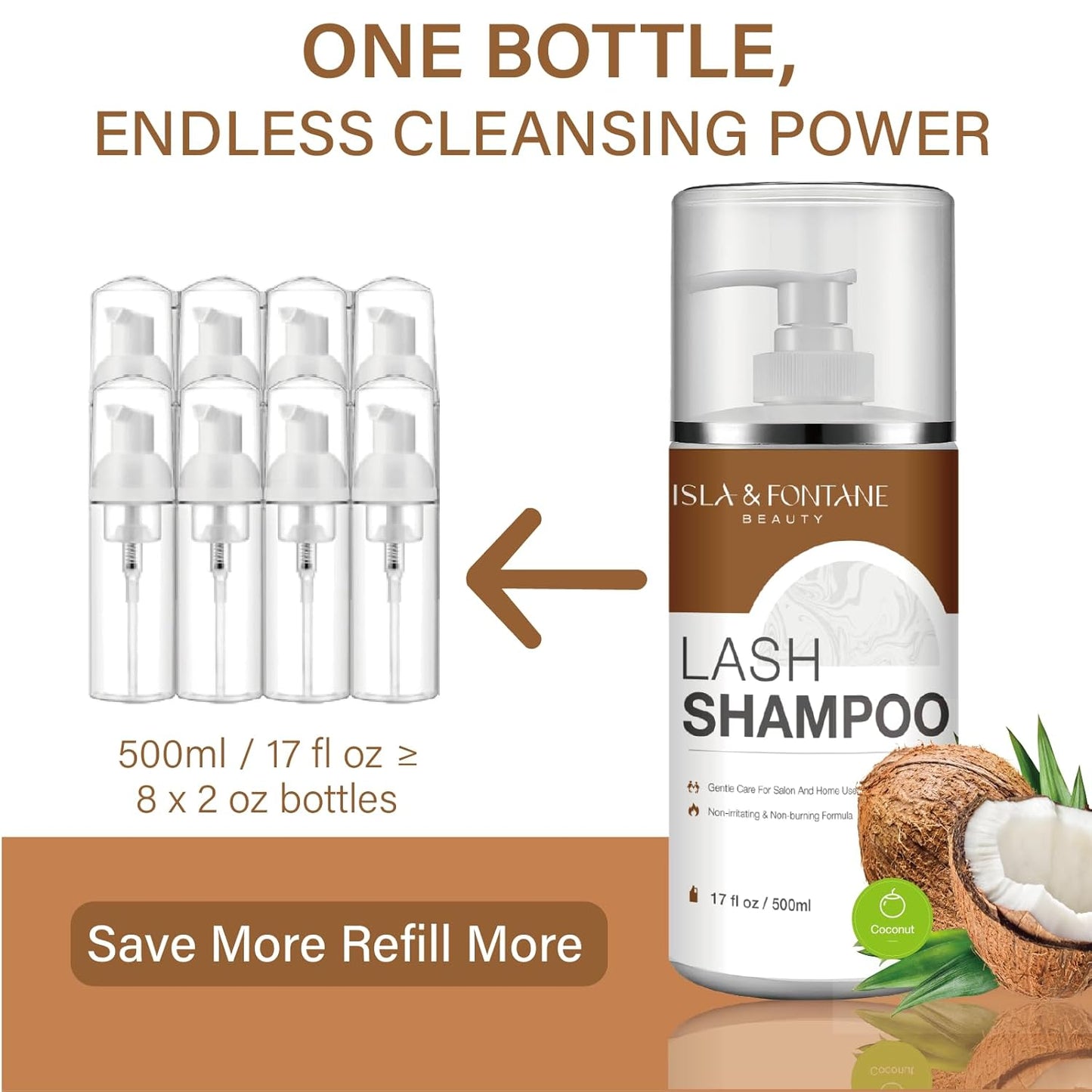 ISLA & FONTANE Lash Shampoo Bulk – Multi-Scent Series – 17 fl oz / 500ml | Gentle Eyelash Cleanser for Lash Extensions | Non-Irritating | Professional Lash Bath Foam For Salon And Home Use (Coconut)-Velvo Beauty