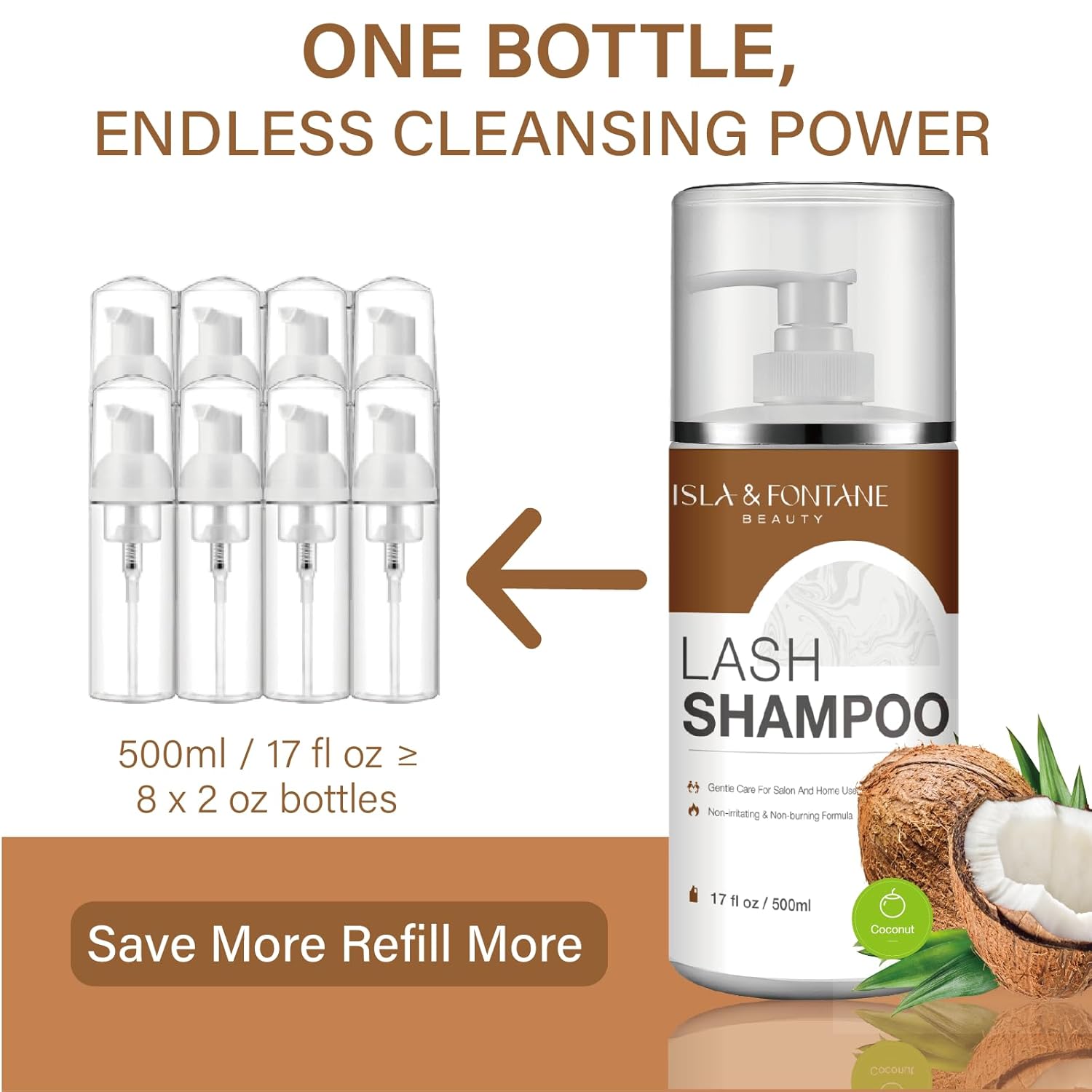 ISLA & FONTANE Lash Shampoo Bulk – Multi-Scent Series – 17 fl oz / 500ml | Gentle Eyelash Cleanser for Lash Extensions | Non-Irritating | Professional Lash Bath Foam For Salon And Home Use (Coconut)-Velvo Beauty